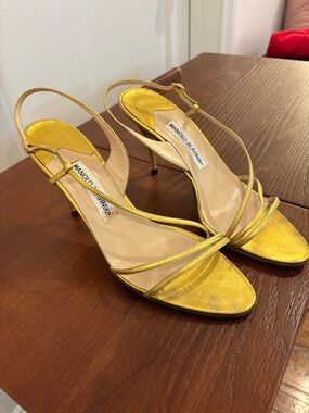 Manolo Blahnik Metallic Gold Strappy Slingback Heels